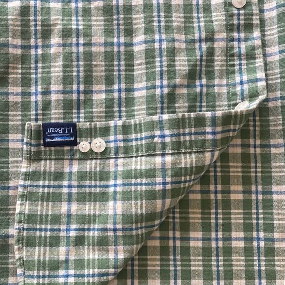 LL Bean Gorpcore Green Plaid Stretch Chambray Short Sleeve Stretch Shirt - Large - Picture 6 of 8